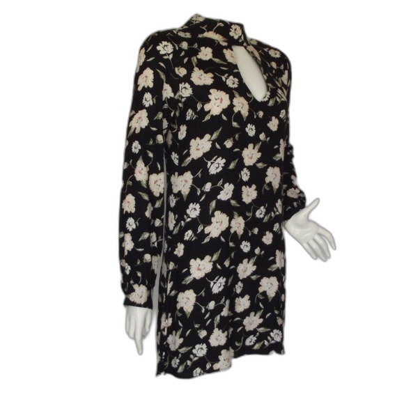 ELAN Mini Dress, S, Black/Off-White Floral, Long sleeves, Choker/Keyhole - Picture 2 of 14